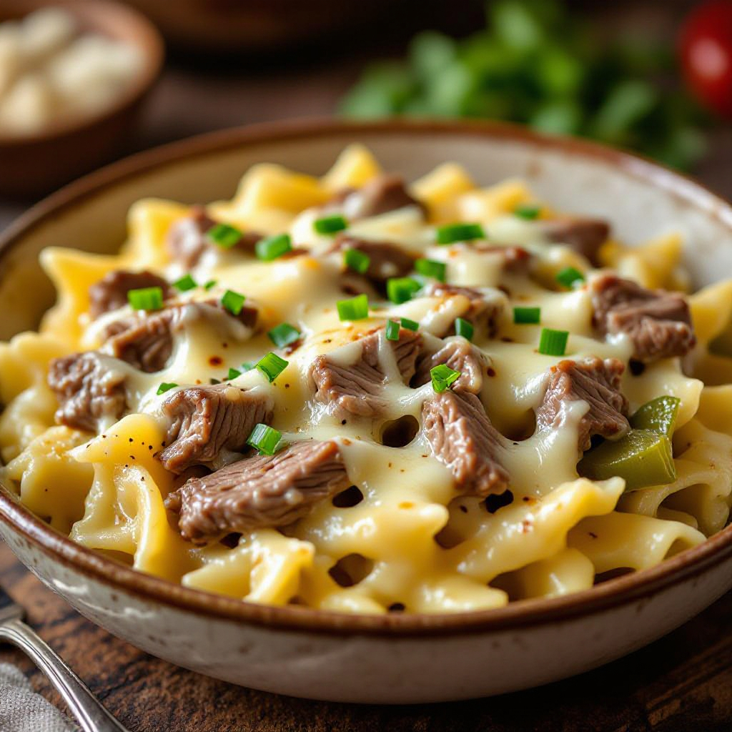 Crockpot Philly Cheesesteak Pasta Casserole recipe instructions