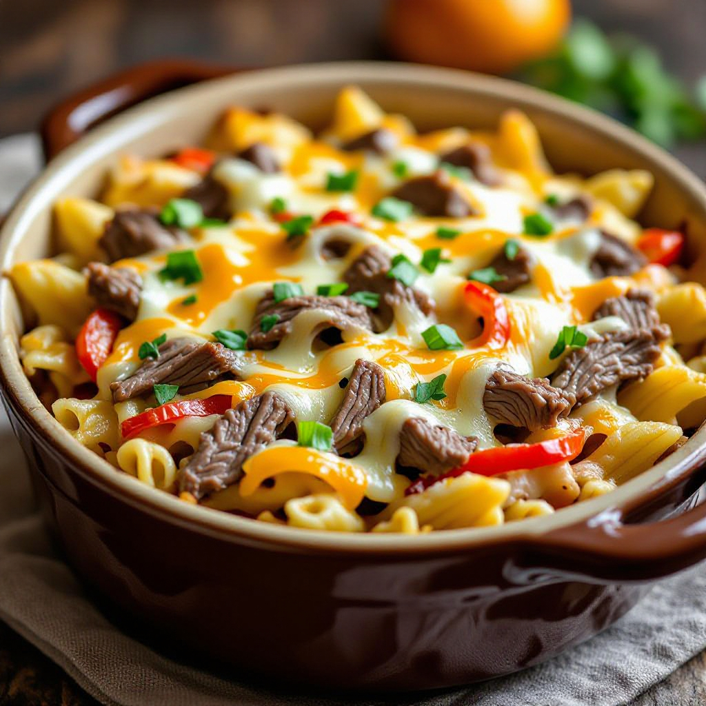 Crockpot Philly Cheesesteak Pasta Casserole recipe image