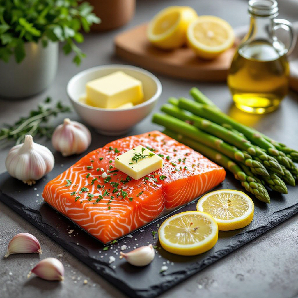 Crispy Garlic Butter Salmon with Asparagus recipe image